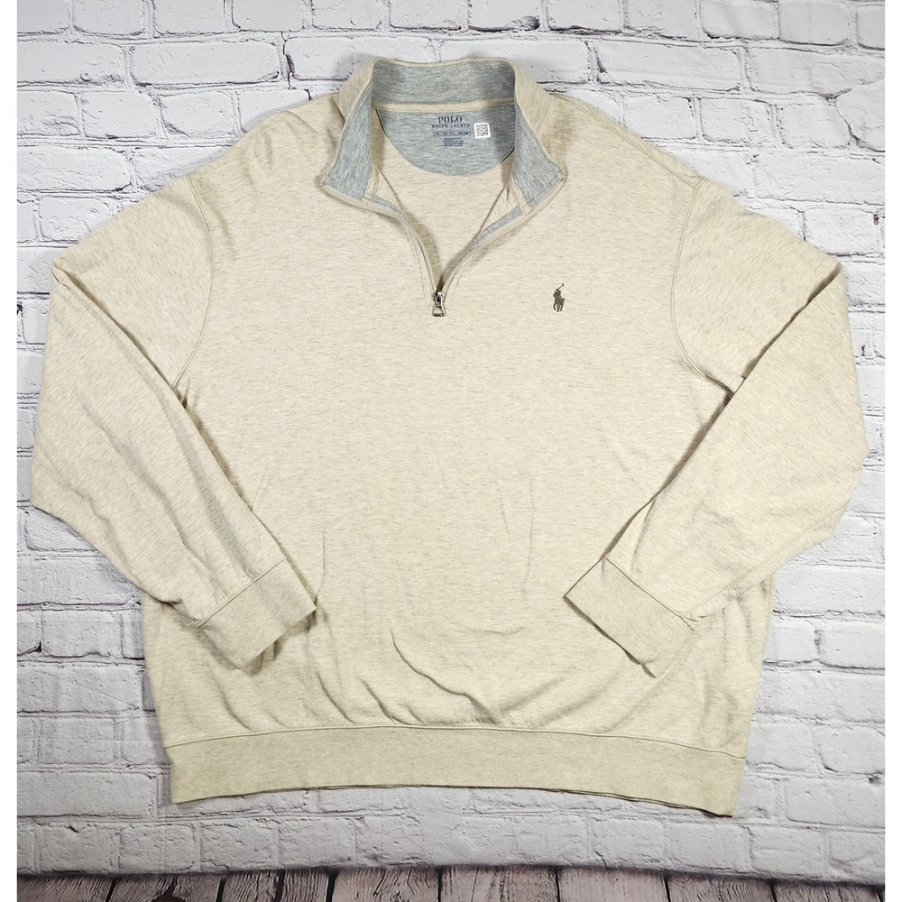 Polo Ralph Lauren Mens XXL Quarter Zip Pullover Oatmeal Heather Cotton Blend